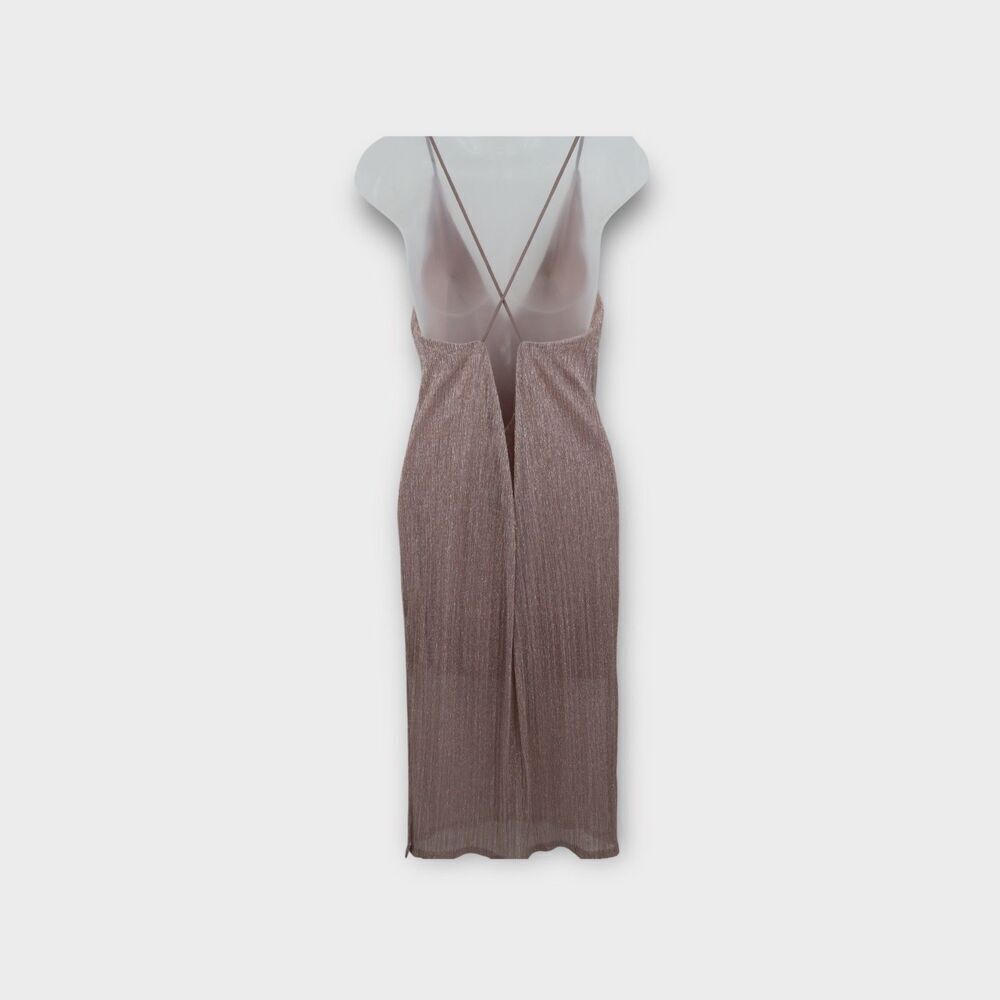 Express Dress Formal Slip Shimmer Strappy Plunging V Double Slit Midi beige M P - Picture 7 of 10